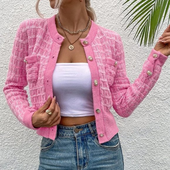 . Sweaters - Pink Casual Womens Pocket Patched Button Front Cardigan